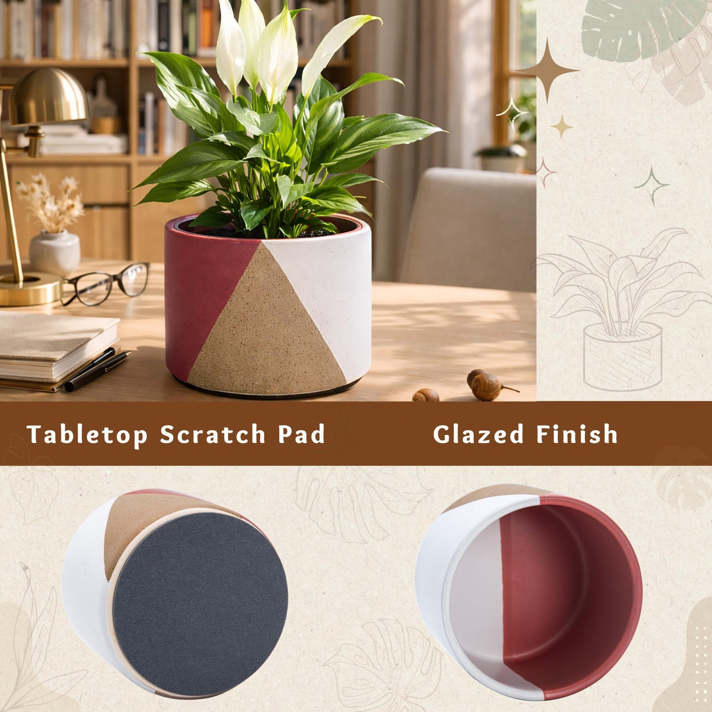 D'vine Dev 6.5" Stoneware Cachepot Planter with 6" Low Clear Nursery Pot & Detachable Saucer – Modern Indoor Plant Pot with Drainage for Bottom Watering & Root Visibility, Crimson Dune, 93-O-D-4