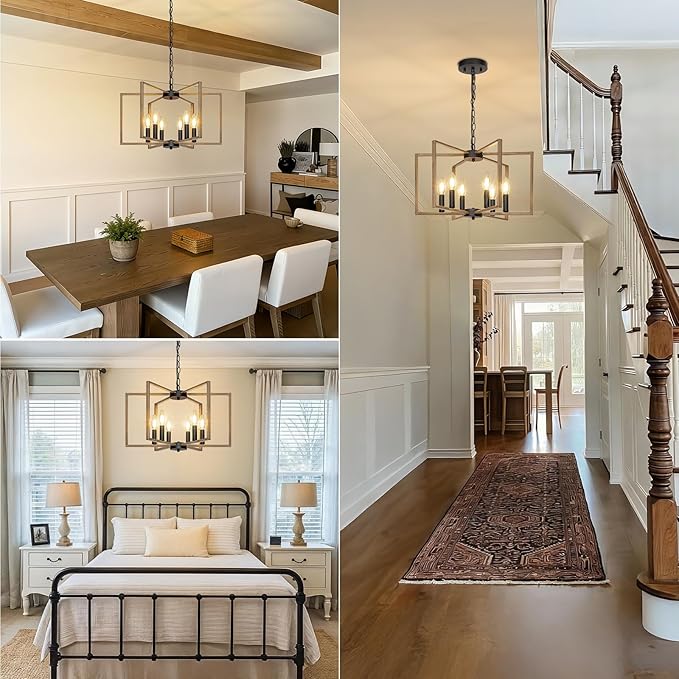 6 Light Farmhouse Chandelier, Dining Room Light Fixture with Wood Grain Painted, Metal Geometric Ceiling Light Rustic Hanging Pendant Lights with E12 Base for Kitchen Island Entryway Foyer, Indoor