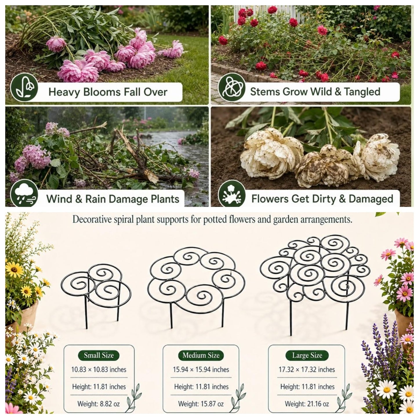 Peony Cages and Supports–Heavy Duty Metal Plant Support Ring for Garden, Grow Through Plant Support Stakes for Roses Hydrangeas, Outdoor Flower Cage with Weather-Resistant Iron Frame (2 Pcs Large)