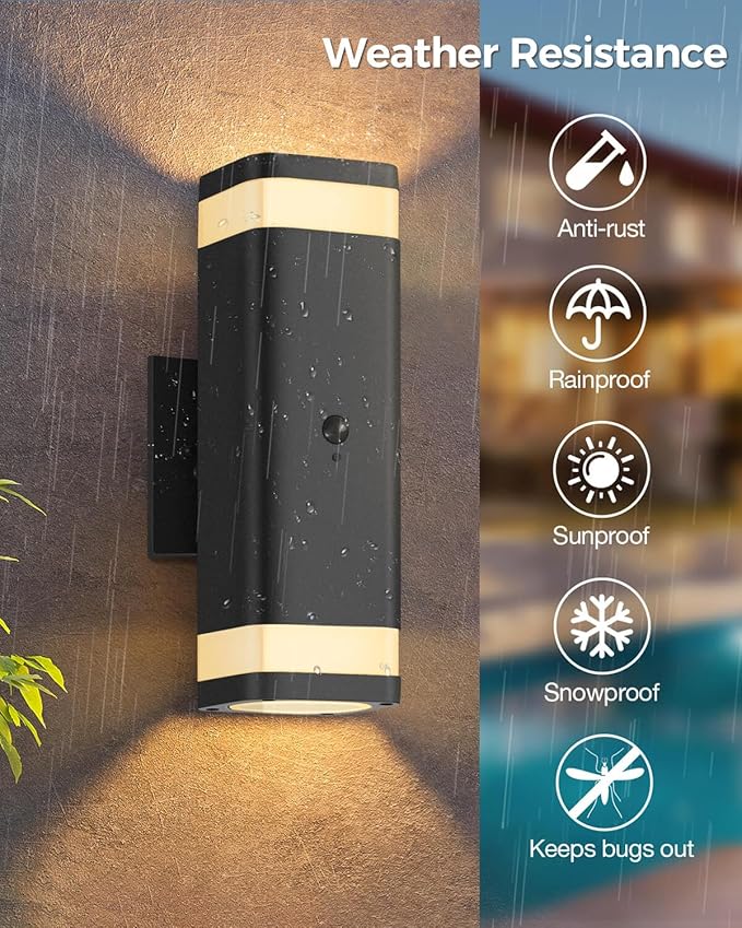 RAYVO Motion Sensor Outdoor Lights 2 Pack, Modern Dusk to Dawn Exterior Lighting Fixtures Up and Down Sconce with Black Finish, Waterproof Wall Mount Lighting for Porch Garage, Bulbs Included