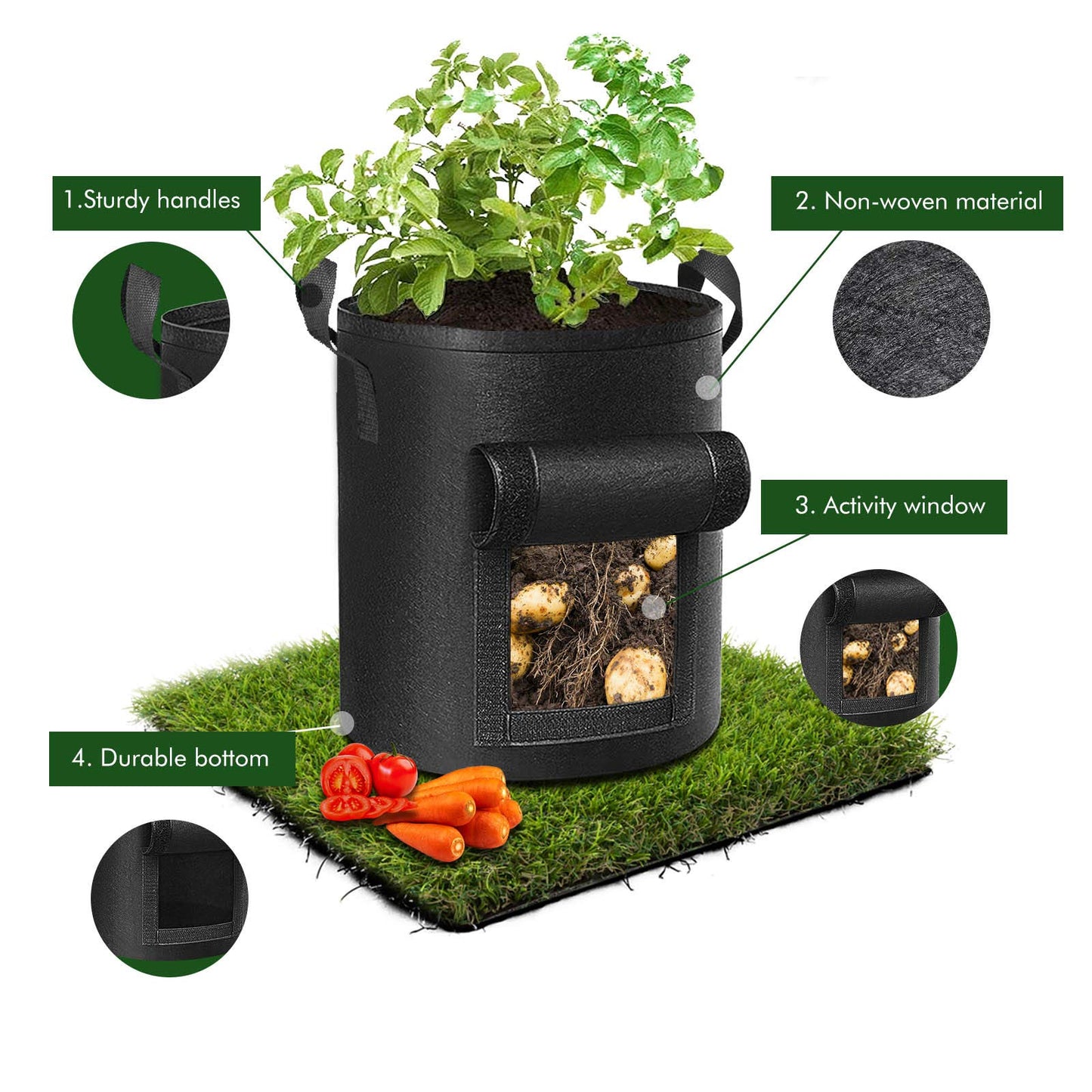 Cavisoo 5-Pack 10 Gallon Potato Grow Bags, Garden Planting Bag with Reinforced Handle, Thickened Nonwoven Fabric Pots for Tomato, Vegetable and Fruits