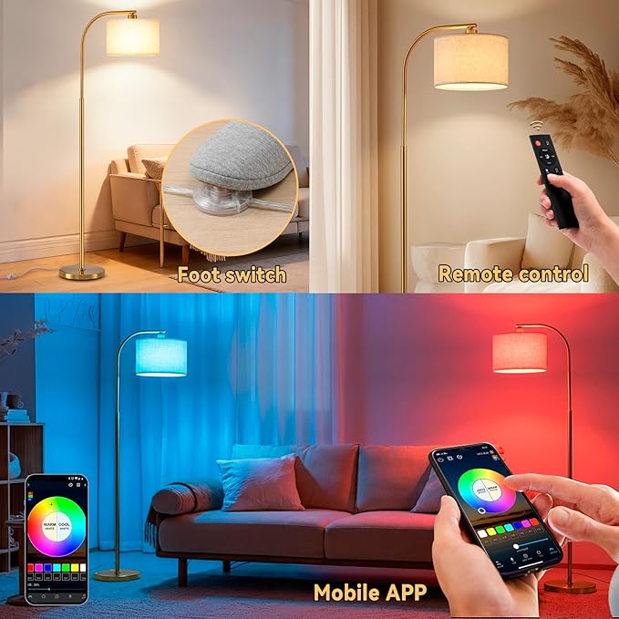 Floor Lamp for Living Room with Remote,Dimmable Tall Standing Lamps,Modern Gold Floor Light with Smart RGB Bulb,App Control,3 Color Temperatures,Fabric Shades,Floor Lamp for Bedroom Office Corner