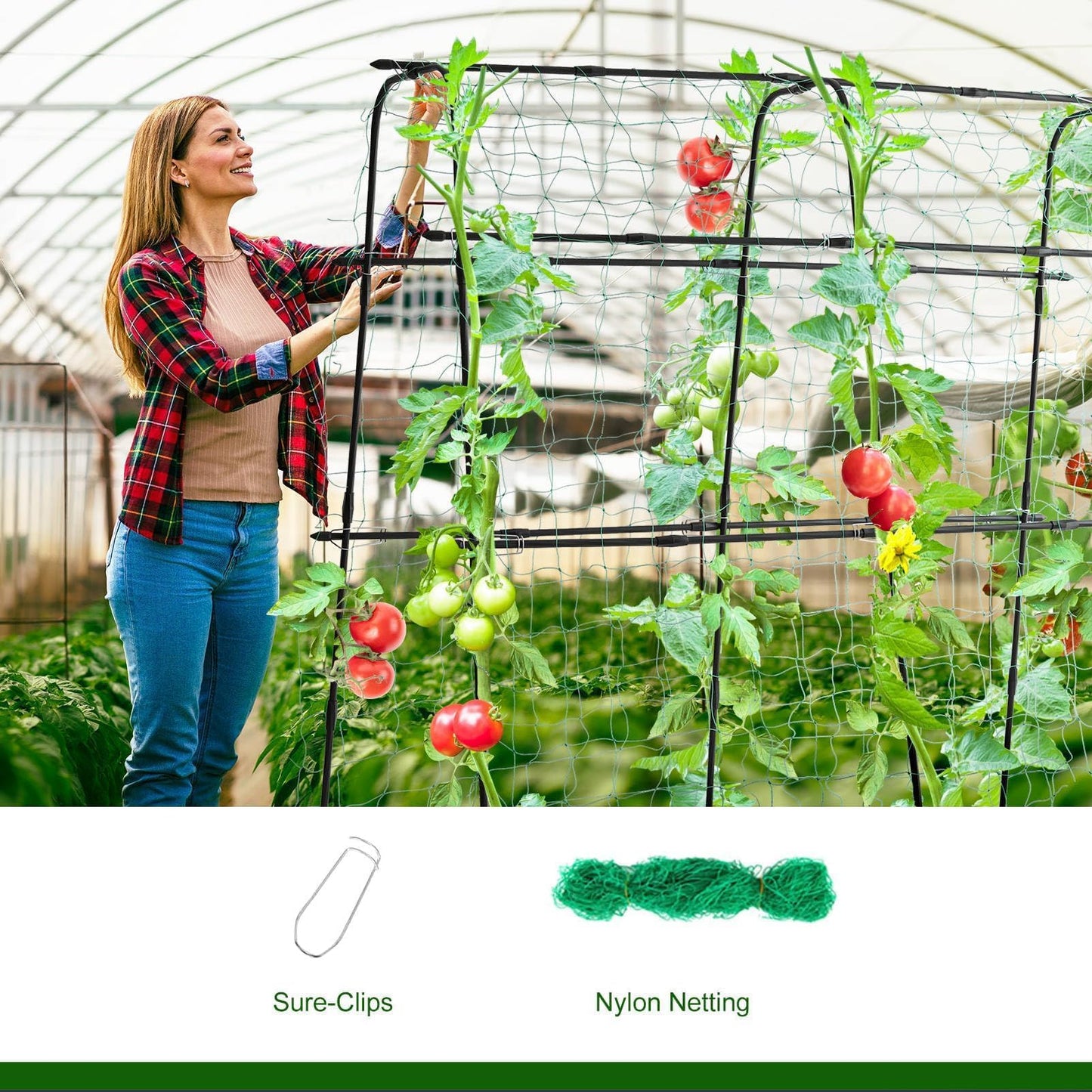 Garden Trellis for Climbing Plants Outdoor, Metal Cucumber Trellis Plant Support for Outdoor Vegetables Fruits Flowers Vines Cucumber Trellis Raised Bed, with Nylon Netting, 63" Hx 63" L, Black