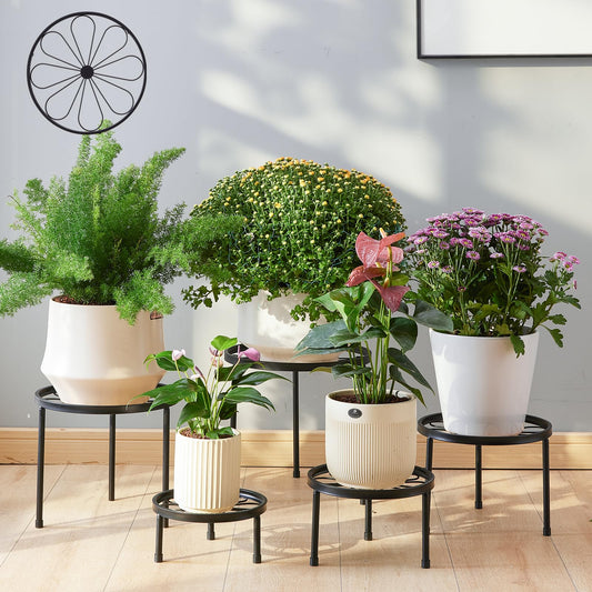 Furshus Plant Stand,5 Pack Heavy Duty Flower Pot Stands,Metal Decoration Racks,Round Plant Shelf for Planter Outdoor and indoor (Black)