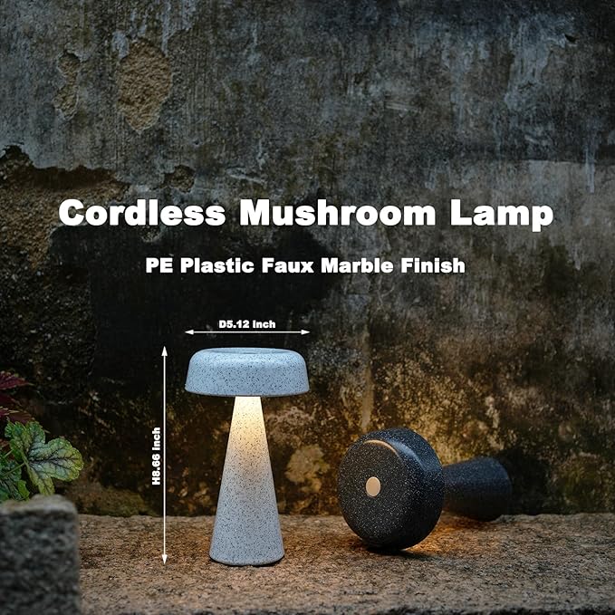 Cordless Mushroom Lamp Rechargeable, Portable Battery Operated Table Lamp Waterproof, Touch Dimmable Night Light for Bedroom/Patio/Dinning/Outdoor (Gypsophila Black)
