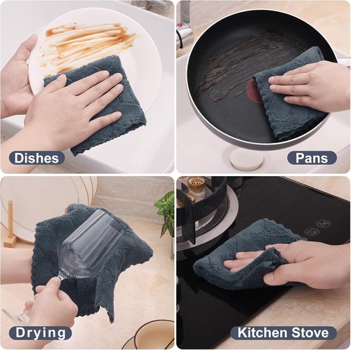 Homaxy Kitchen Dish Cloths - 12 Pack Coral Velvet & Cotton Waffle Weave | Dark Grey, 10x10 & 12x12 Inches
