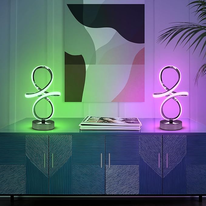 Modern RGB Table Lamps, Multicolor Changing Spiral Bedside Lamp with Remote&APP, Cool Table Lamp, Dimmable LED Nightstand Lamp with Music Rhythm Modes for Bedroom, Living Room, Black(2 Pack)