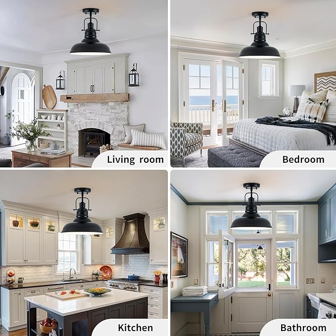 Famrhouse Ceiling Light, Semi Flush Mount Light Fixture with Metal Dome Shade, Balck Ceiling Light for Hallway, Entryway,Kitchen