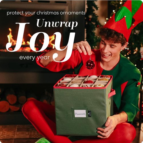 Handy Laundry Christmas Ornament Storage Box - Holds Up to 64 Ornaments | Adjustable Dividers & Two Handles - Keeps Holiday Decorations Clean and Dry (Green)