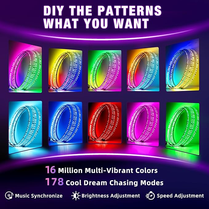 Tavaray 4PCS 15.5" RGB LED Wheel Ring Lights with APP & Remote Control, 178+DIY Dynamic Modes w/Turn Signal Braking and Reverse Function, IP67 Waterproof Wheel Lights for Trucks Pickups Cars Offroad