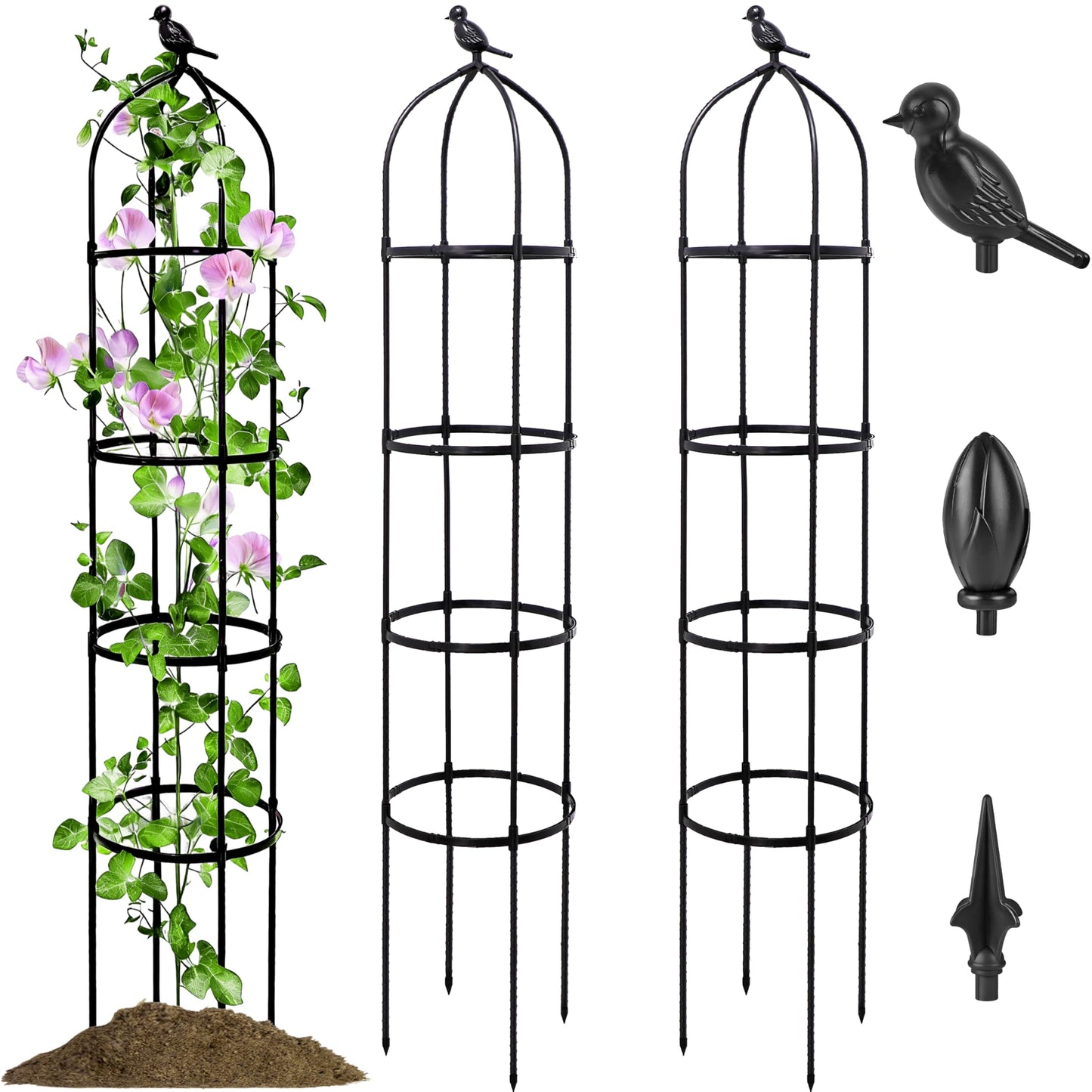 SORANGEUN 2 Pack Garden Obelisk Trellis for Climbing Plants Outdoor, 6FT Adjustable Metal Plant Support with 3 Decorative Tops, Black Rustproof Trellis for Roses, Tomatoes, Clematis & Vines