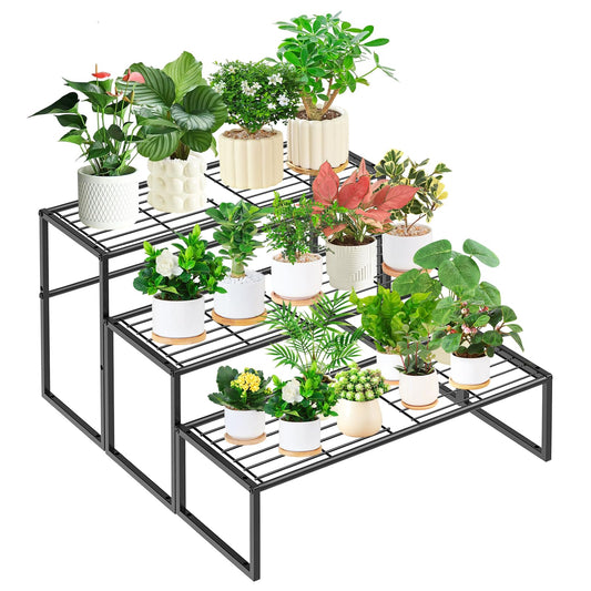 Gouisalin 3 Tier Metal Plant Stand Indoor Outdoor, Potted Multiple Flower Pot Holder Rack Plant Shelf, Heavy Duty Planter Display Shelving for Patio Balcony Garden Living Room Decorative (3 Tier- Black)