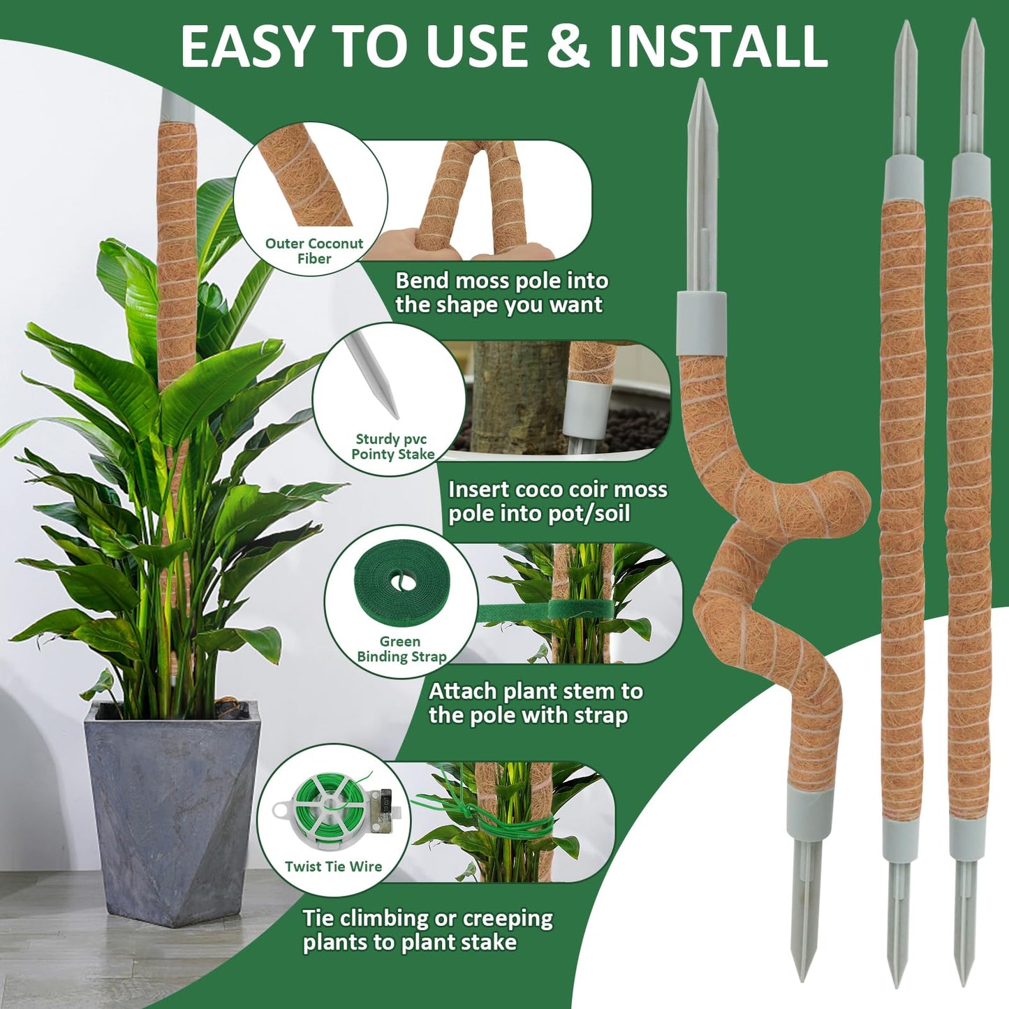 LOLEDE 2 Pack Moss Pole, 55 Inches Tall Bendable Coco Coir Poles Monstera Plant Support for Climbing Indoor Plants, DIY Plant Stakes Kit Support for Pothos, Philodendron,Potted Plants