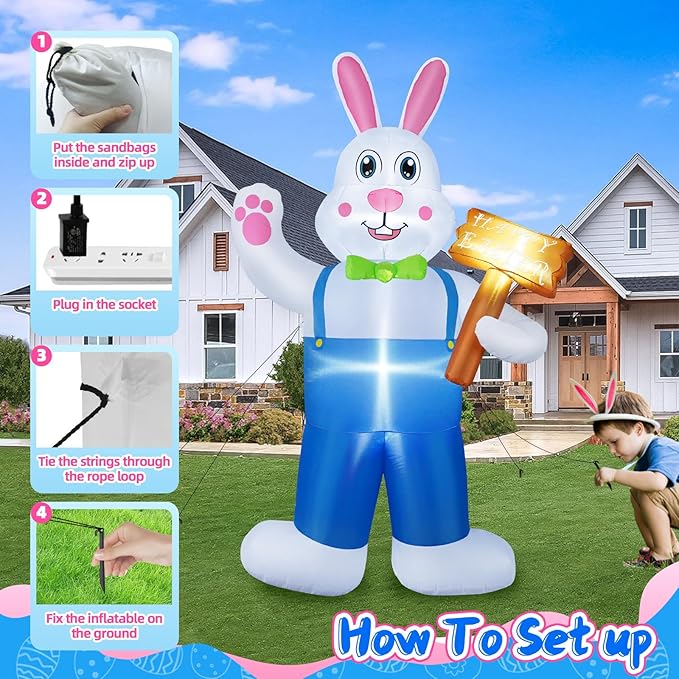 B&D 6FT Easter Inflatables Outdoor Decorations Blow Up Inflatable Bunny Holding A Sign Built-in LEDs, Happy Easter Decorations Inflatable Rabbit for Holiday Party Indoor Outdoor Yard Garden Lawn