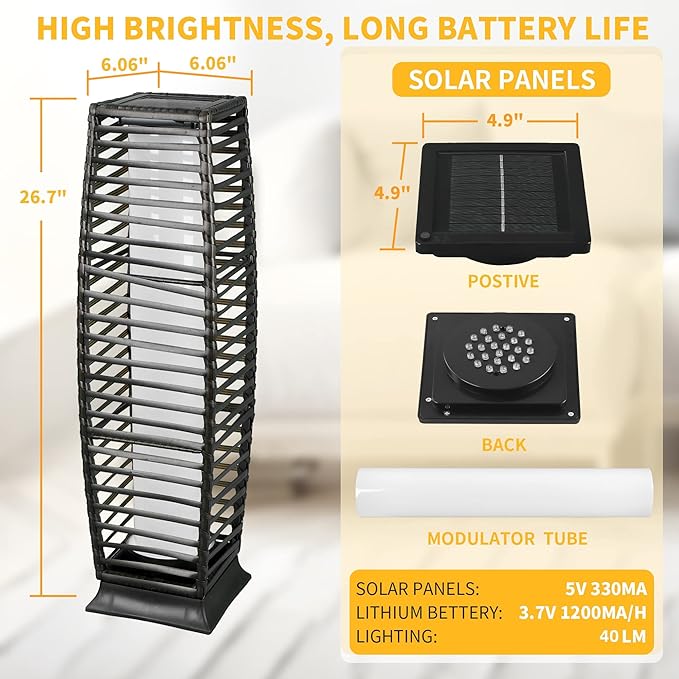 Solar Floor Lamp, Outdoor Floor Lamp, Solar Lanterns Waterproof, Solar Powered Resin Wicker Outdoor Lamp, Weather-Resistant Rattan Deck Light for Porch, Garden, Patio, Deck