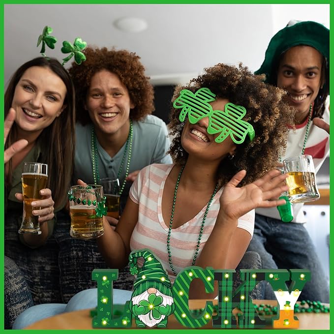 Menkxi St Patricks Day LED Wooden Sign St. Patrick's Day Table Decorations Wooden Lucky Decor Saint Patty's Tiered Tray Decor Light up Irish Table Centerpiece for Home Party Desk Office Room