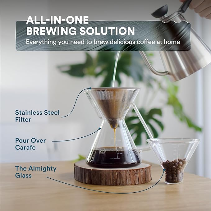ovalware Pour Over Coffee Dripper Maker Paperless Stainless Steel Filter, Precision Measuring Cup and Carafe with Airtight Cold Brew Iced Coffee Maker Pitcher RJ3 Brewing Glass Carafe