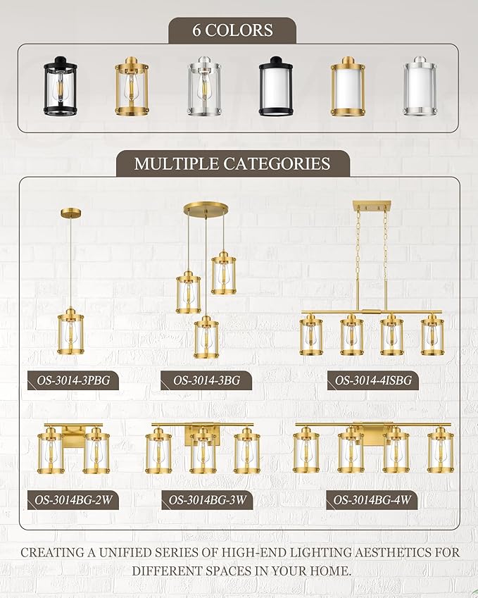 3-Light Pendant Lighting, Brushed Gold Dining Room Chandelier Light Fixture Over Table with Clear Glass, Modern Cluster Hanging Lights for Kitchen Island Sink, OS-3014-3BG