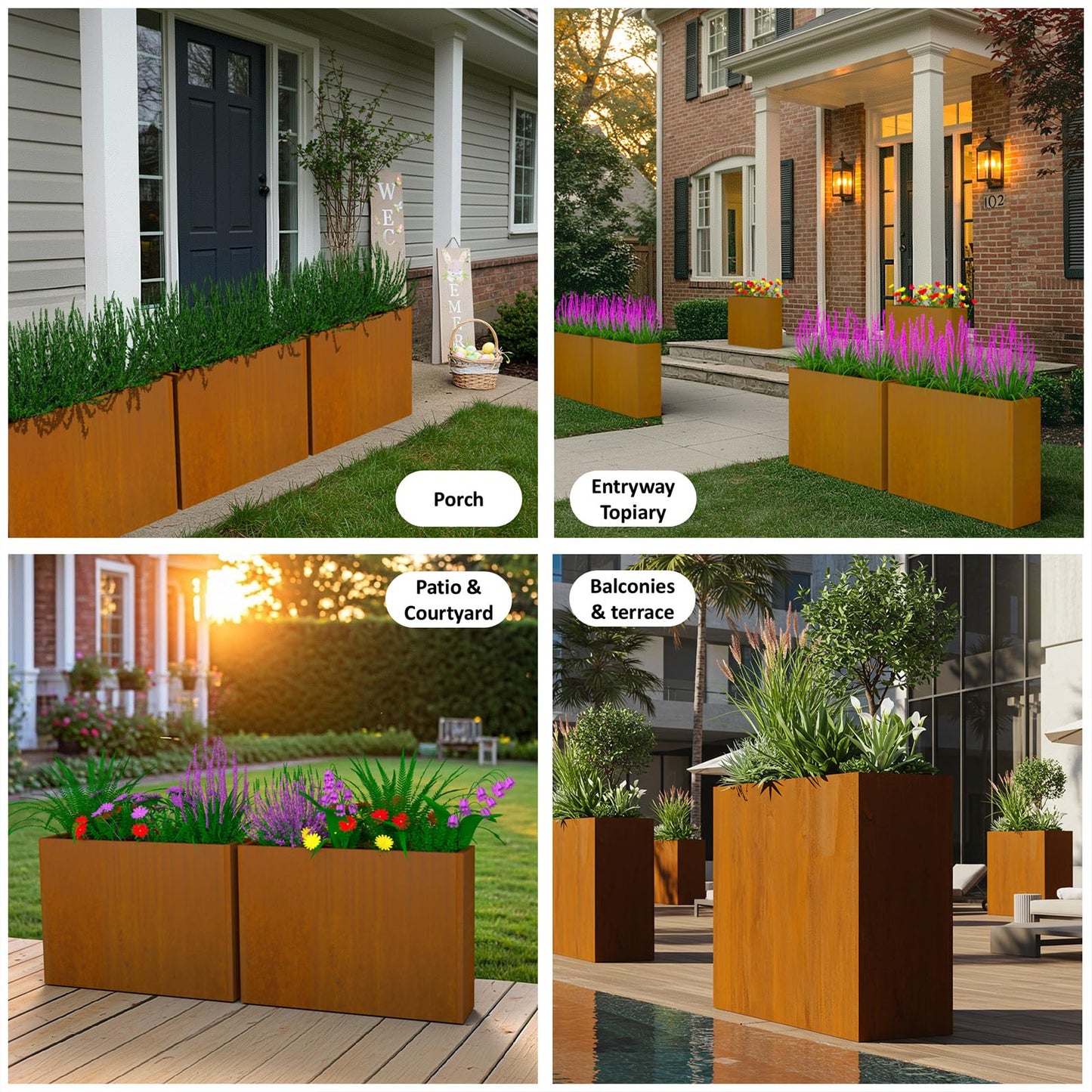 WIZWERK Modern Metal Planter Box 36" L x 9" W x 26" H – Rectangular Cor-Ten Steel Raised Garden Bed with Drainage Holes & Removable Shelf – Outdoor & Indoor Flower Planter for Patio, Yard & Porch