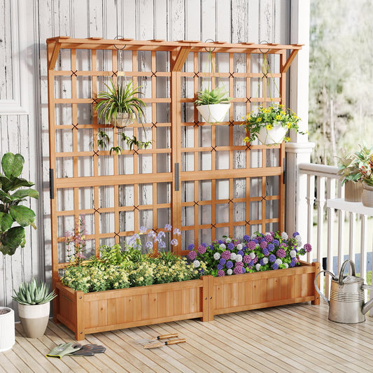 Toolsempire 72" Raised Garden Bed with Lattice Trellis, Hanging Roof & Drainage Holes, Elevated Wooden Planter Box for Vine Climbing Plant, Flower, Herb & Vegetable