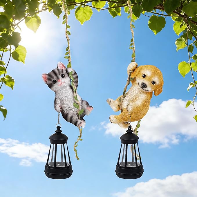 Set of 2 Solar Hanging Statue, Outdoor Resin Black White Cat & Golden Retriever Dog Figurine with LED Lights, Animal Ornament for Garden, Fence, Porch, Patio, Yard Decor