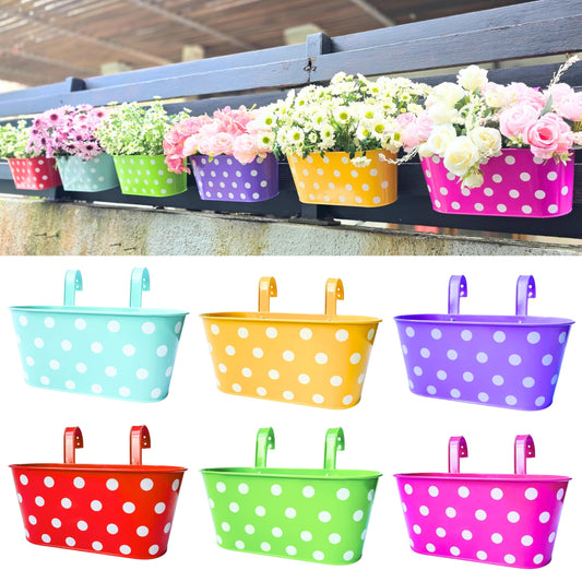 LaLaGreen Outdoor Hanging Planter (11.2 Inch, 6 Pack) Light Blue, Neon Pink, Dark Purple, Yellow, Red Metal Iron Window Box Polka Dot Herb Flower Pot Deck Railings Fence Wall Mount Porch Garden Decor