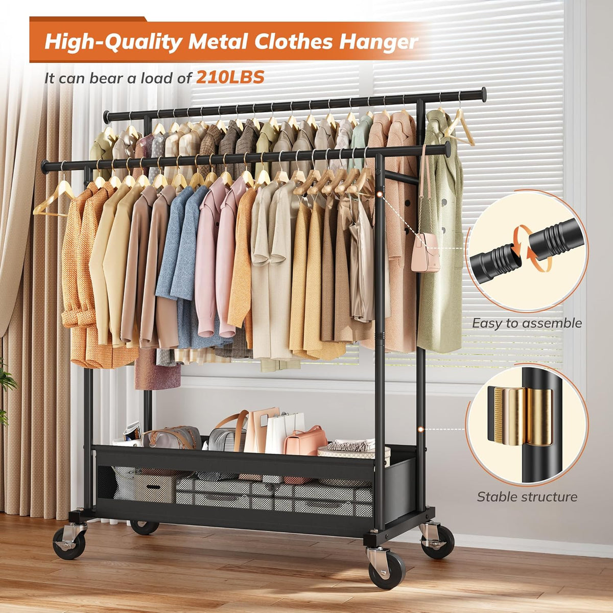 Skiennix Double Rod Clothing Rack - Heavy Duty Rolling Garment Rack with Storage Basket | Black