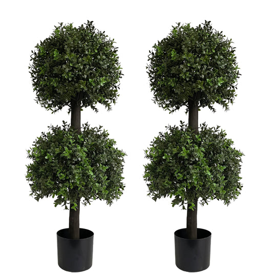 ALL SEASON GREEN 3ft Topiary Trees Artificial Outdoor Double Ball Shape Boxwood Topiary UV Resistant, Front Porch Decor Set of 2