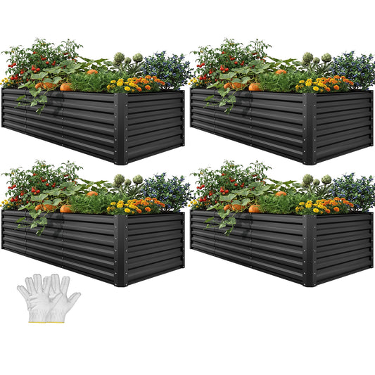 YITAHOME 8x4x2 ft 4pcs Galvanized Raised Garden Bed Kit, Large Metal Planter Box with Gloves, Safety Rubber & Support Rod, Outdoor Flower Bed for Plants Vegetables, Black
