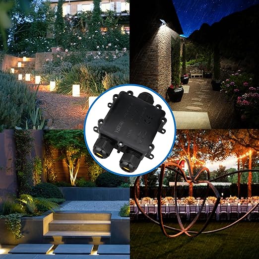 Helunsi 2 Pcs Waterproof Junction Box 3 Way, IP68 External Waterproof Electrical Junction Box, Black Underground Junction Box Outdoor Cable Connector, for Diameter 5mm -14mm Wire Gland (Larger)