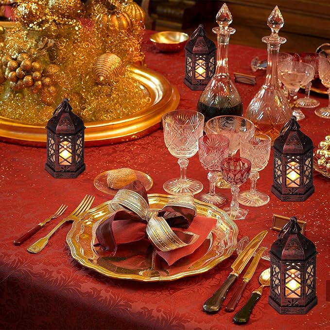 12-Pcs Mini Lanterns, Small Candle Lanterns Decorative, LED Tea Light Lantern Ramadan Decorations, Hanging Lantern, Centerpiece for Wedding Table, Battery Included(Rose Gold)