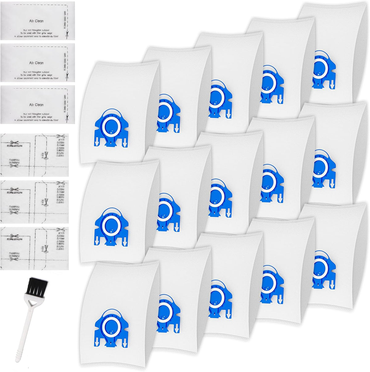 Miele Vacuum Cleaner Bags - 15-Pack 3D Efficiency AirClean Bags with Motor Protection Filters | Fits C1, C2, C3 Series