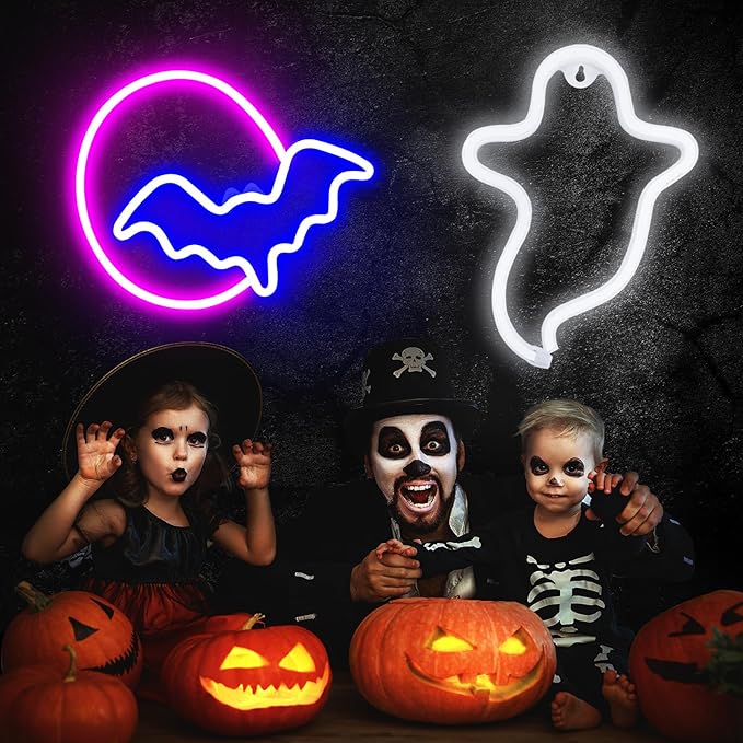 2 Pack Halloween Decoration LEDs Neon Sign Light Ghost, Bat and Moon Lights Hanging for Halloween Party Decorations Indoor Home Window Decorations (Batteries not Included)