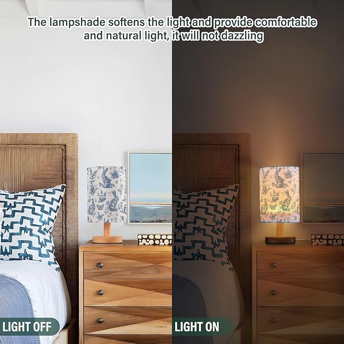 French Rabbits Butterfly Botanical Table Lamp for Bedroom USB Port Lamps Small Accent Table Lamp Nightstand Lamp Study Linen Shade with Wooden Base, Decorative Lamps for Bedside Reading|Kids|Dorm|Home
