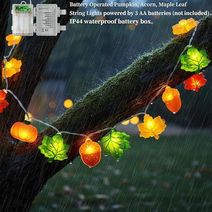 Thanksgiving String Lights,10FT 20LED Fall Decor Lights Battery Operated Waterproof Hang Autumn Fairy Light for Indoor Outdoor, Acorn Maple Leaf Pumpkin String Lights Decoration for 2026 Home & Party