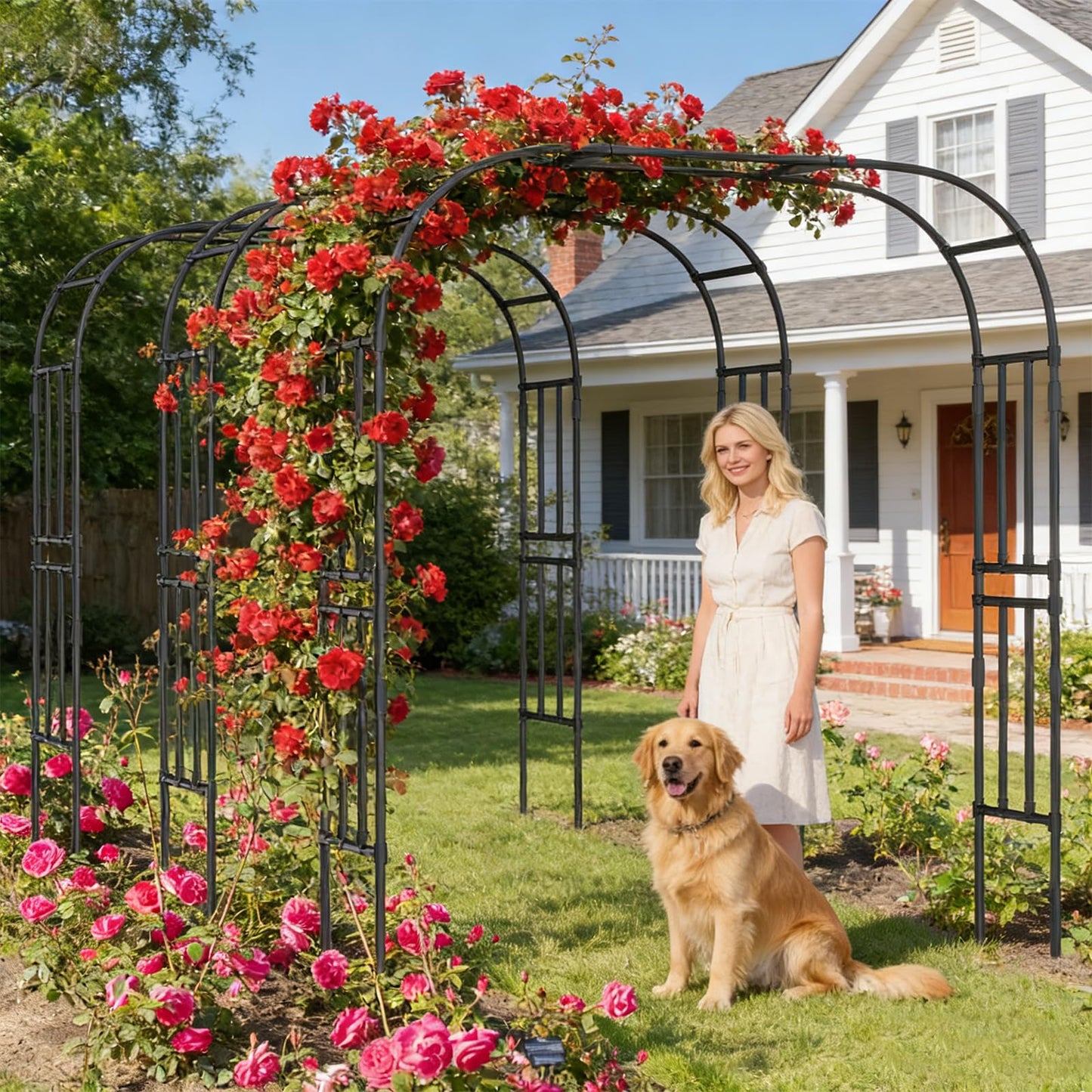 87in H Tall Garden Arch Trellis for Climbing Plants Outdoor, Large Plastic Coated Metal Cucumber Trellis Arbor Arch, Black Garden Archway Trellises Decoration for Lawn, Patio, Backyard