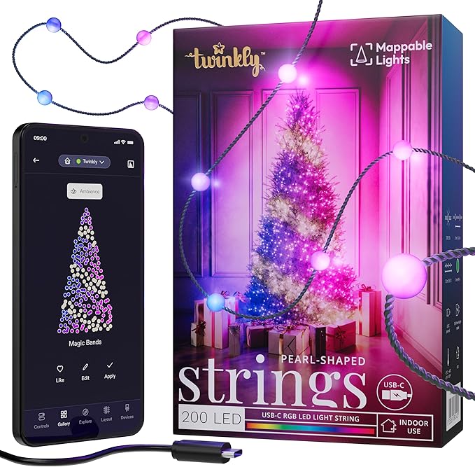 Twinkly Strings USB-C Pearls 200 LED, Pearl-Shaped LED Light String, RGB Multicolor LED Lights, Valentine's Day Lights, Compatible with Alexa, Google Home, USB-C Power, Green Wire, 39.4ft