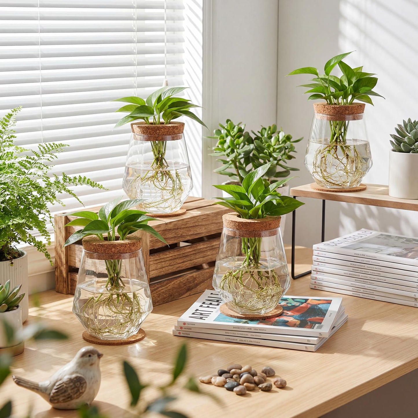 Baderke 24 Packs Plastic Desktop Plant Terrariums Propagation Planter Tabletop Planting Vase with Lid and Cork Plant Coasters for Growing Hydroponic Home Office Table Decoration (Diamond Style)