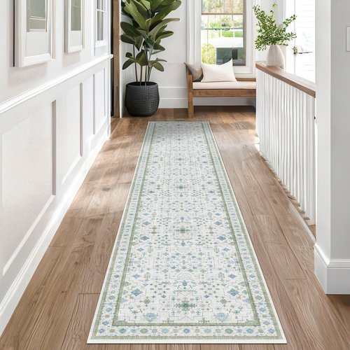 Hazo Haus Oushak 3x12 Wide Hallway Runner Rug - Vintage Turkish Floral, Washable Low Pile Non Slip 12ft Long Runners for Large Kitchen, Hall Way - Light Blue and Green