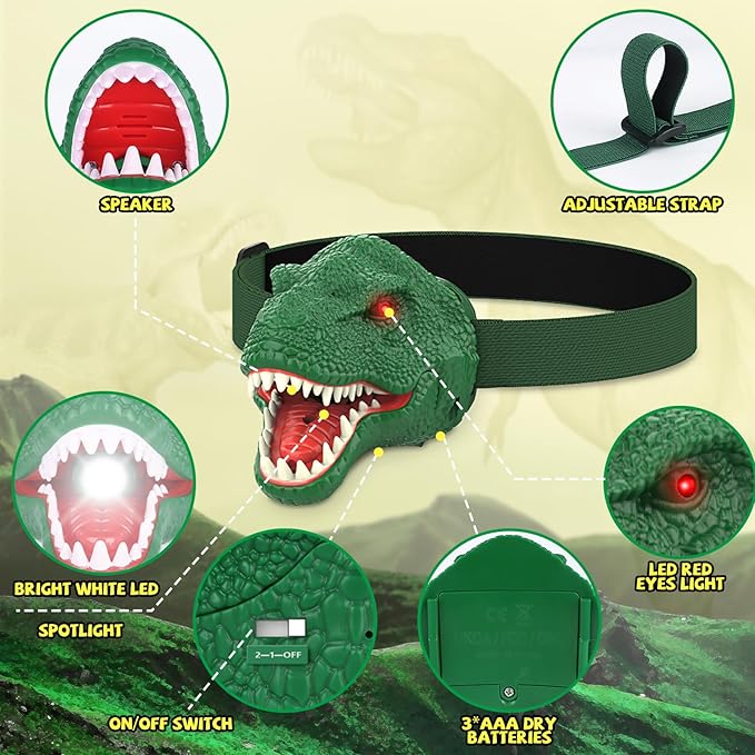Dinosaur Headlamp for Kids Flashlight Led Headlights Roar & Silent Mode, T-Rex Dinosaur Toys for Kids 3-5 4-6 5-7 6-8, Camping Gear, Easter Gifts for Boys Girls Adults