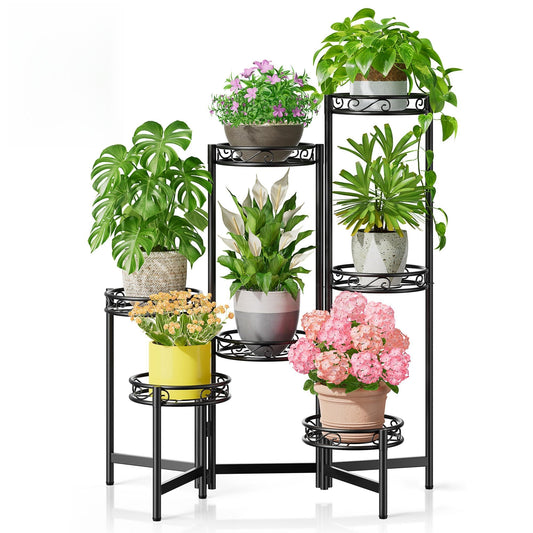 NQW Metal Plant Stand Indoor Outdoor 7 Tier Multiple Flower Pot Holder Shelf Planter Display Shelving Unit for Patio Garden Corner Balcony Living Room Black Circle