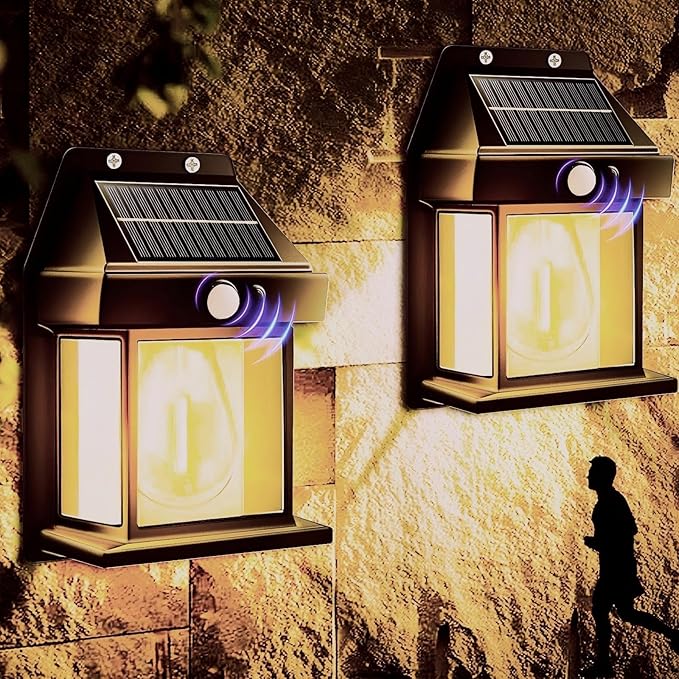 2-Pack 8.2" H Outdoor Solar Powered Wall Sconce Lights Dawn to Dusk Motion Sensor 3 Lighting Modes for Porch Garage House Patio Shed Barn Door Yard Outside Decorative Waterproof -Black.