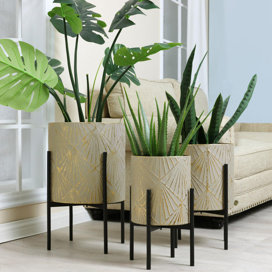 LuxenHome Planters for Indoor Plants, Set of 3 Floor Plants Pots with Stands, Modern Decorative Metal Flower Pots, Green Gray Cachepot Planters,10.5", 12", 14" Inch
