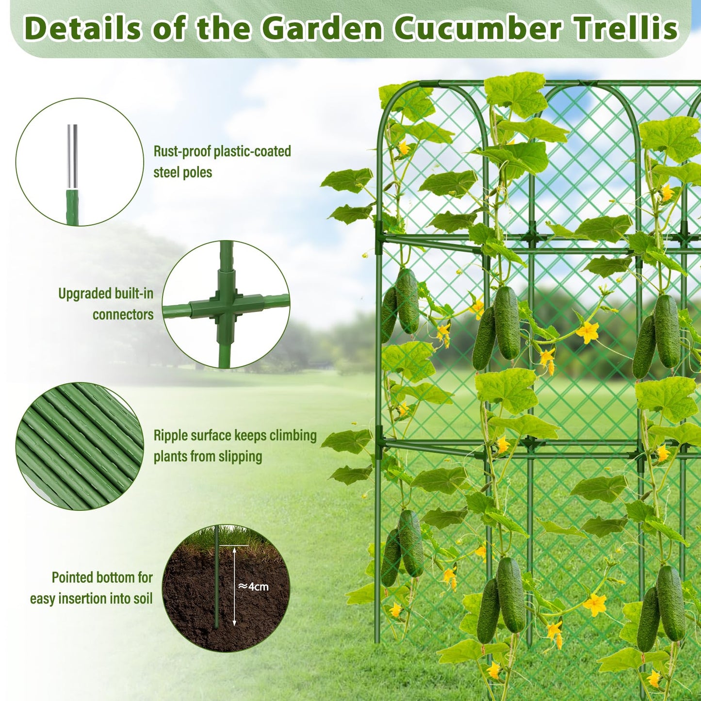 Cucumber Trellis for Garden, Upgrade U-Shaped Metal Garden Trellis Plant Grow Support Frame for Climbing Plants Vegetable Flower Fruits Vine Raised Bed with Netting, Instruction, Garden Tools, Green