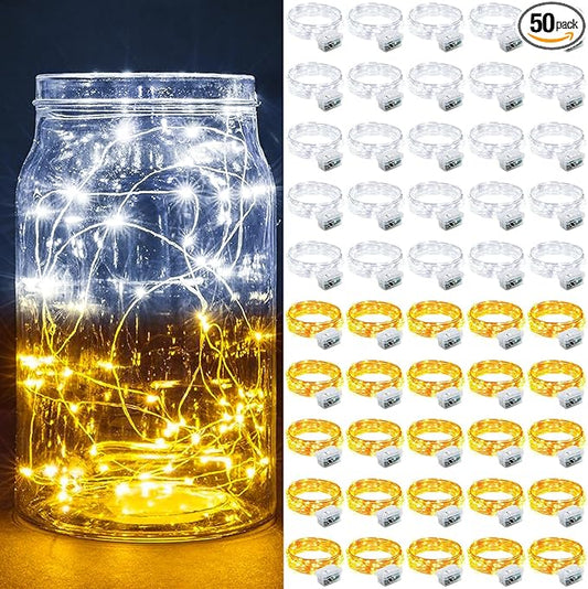 50 Pack Fairy Lights 7Ft 20 LED Twinkle String Lights 3 Modes Battery Operated Waterproof Firefly Starry for Mason Jar Party Wedding Christmas Valentines Day Table Centerpieces,Warm White + White