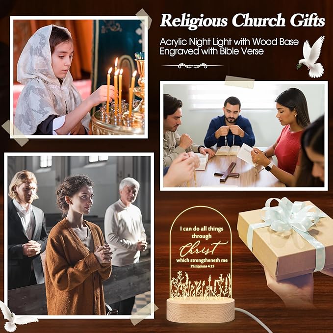 4 Pcs Christian Acrylic Night Light Bulk Mothers Day Religious Faith Church Gifts for Women Ladies Group Bible Verse Scripture LED Lamp with Wood Base for Easter Decor Men Clergy Pastor