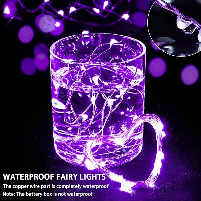 50 Pack Purple Fairy Lights 7Ft 20 LED Twinkle String Lights 3 Modes Battery Operated Waterproof Firefly Starry for Mason Jar Wedding Halloween Christmas Valentines Day Party Table Centerpieces