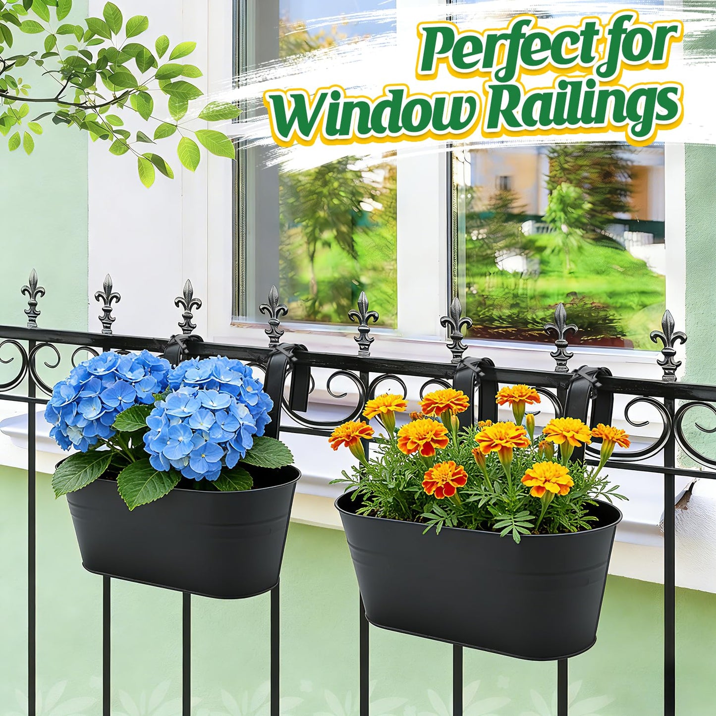 MADHOLLY Railing Planter with Drainage Holes - Sturdy Bucket Pots for Railing Fence, Countryside Style Metal Flower Pots for Herbs Balcony Garden Yard Decor, 2Pcs, Black