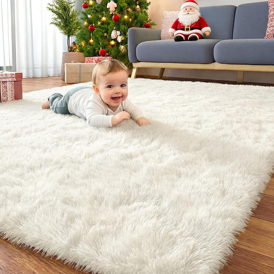 OLANLY Large Area Rug - Soft Fluffy Shaggy Indoor Carpet for Living Room & Bedroom | Ivory 7x11