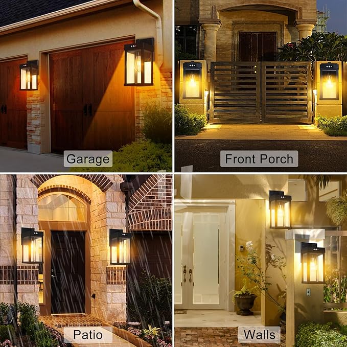 Solar Wall Lights Outdoor, Solar Sconce Lantern with 3 Lighting Modes & Motion Sensor, Porch Light Fixture Outside Waterproof with Clear Panel for Garage Yard Front Door Shed (2 Pack)